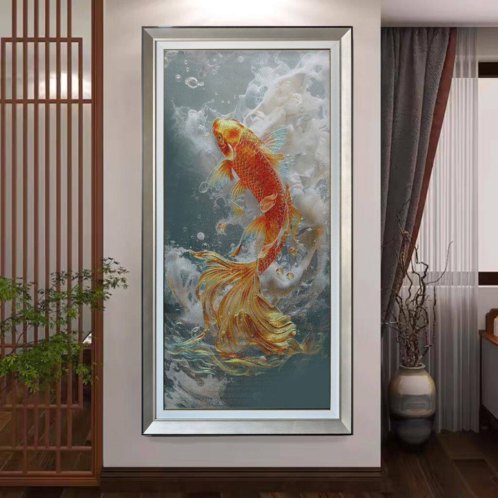 织锦荷花中式竖版刺绣玄关挂画过道入户走廊苏绣客厅装饰画壁画