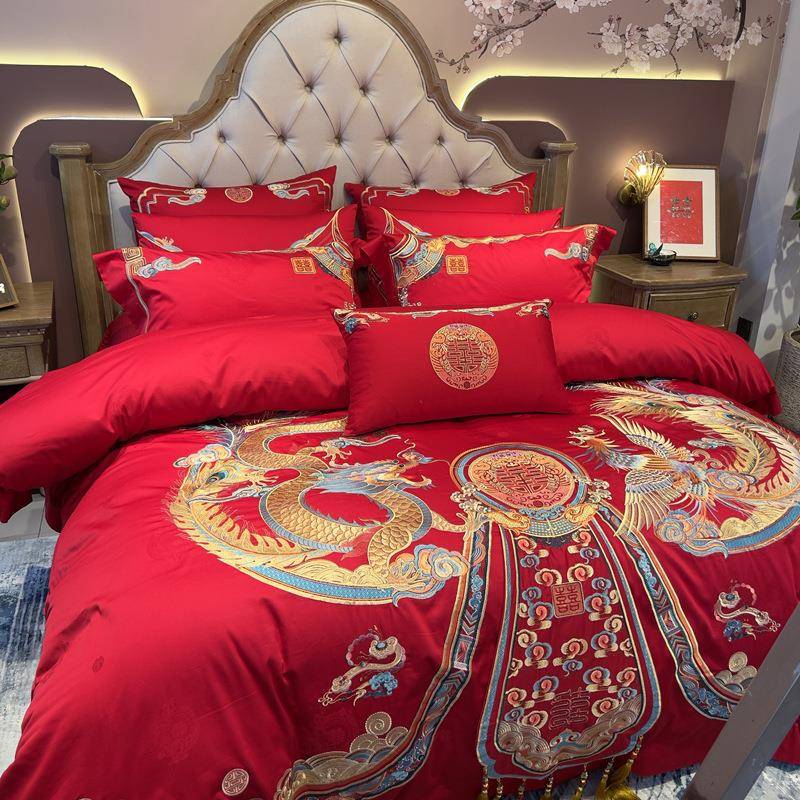 1高100s长绒棉床婚庆四YLS-2022件套大红全棉龙凤端婚刺绣被套结