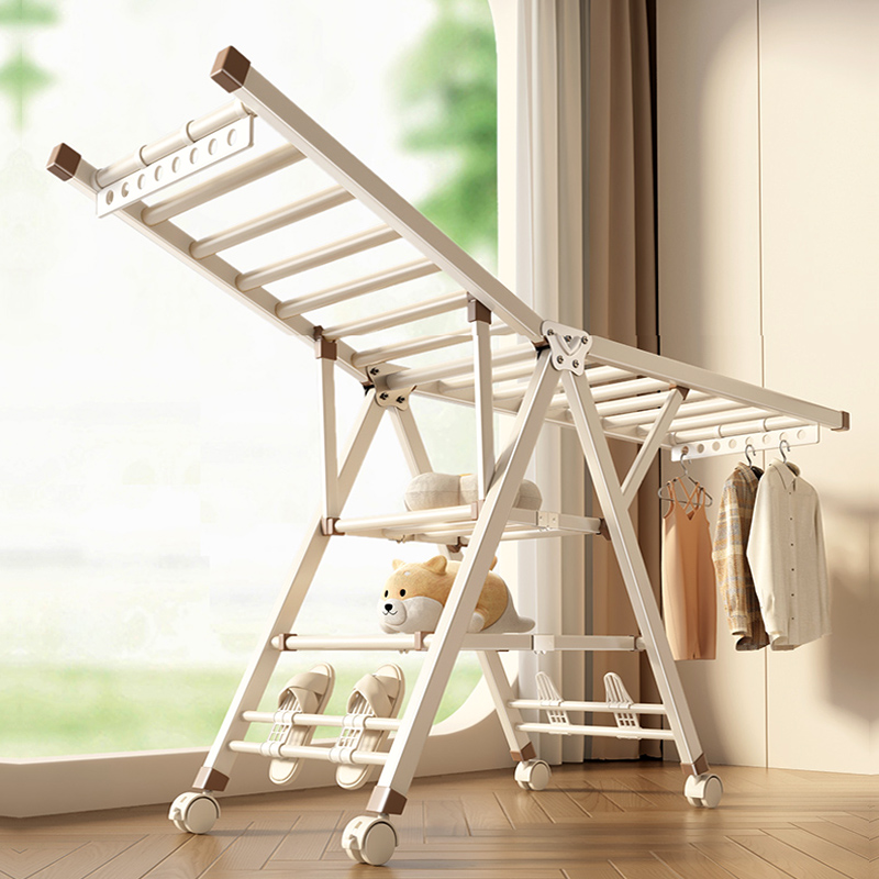 奶油风折叠晾衣架阳台家用室内落C地凉晒挂衣防风凉衣杆户外晒被