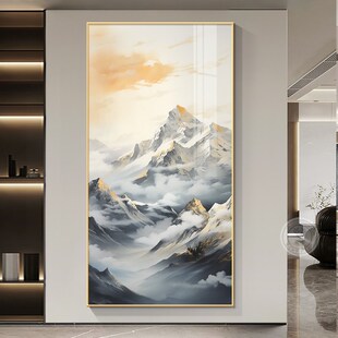 西墙聚财山水画进门玄关挂画新中式禅意靠山图茶室V过道走廊装饰