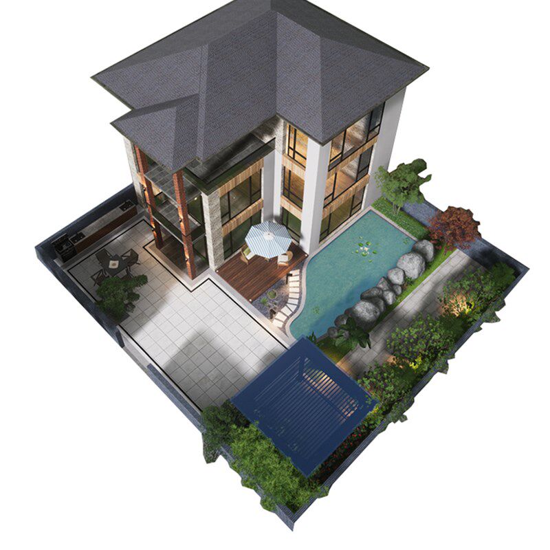 庭院设计效果图中式别墅鸟瞰图制作景观施工园林露台院子花园布置