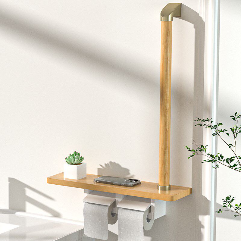 化妆室多功能扶手原木纸巾架厕所防水带实木扶手置物收纳盒