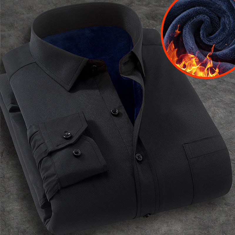 冬季男士正装纯白长袖保暖衬衫加绒加厚胖子加肥加大码工装衬衣