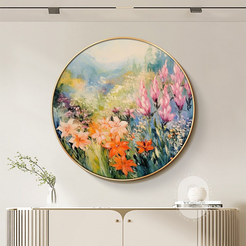 奶油风花卉入户玄关装饰画肌理感彩色圆形挂画高级感卧室客厅壁画图片