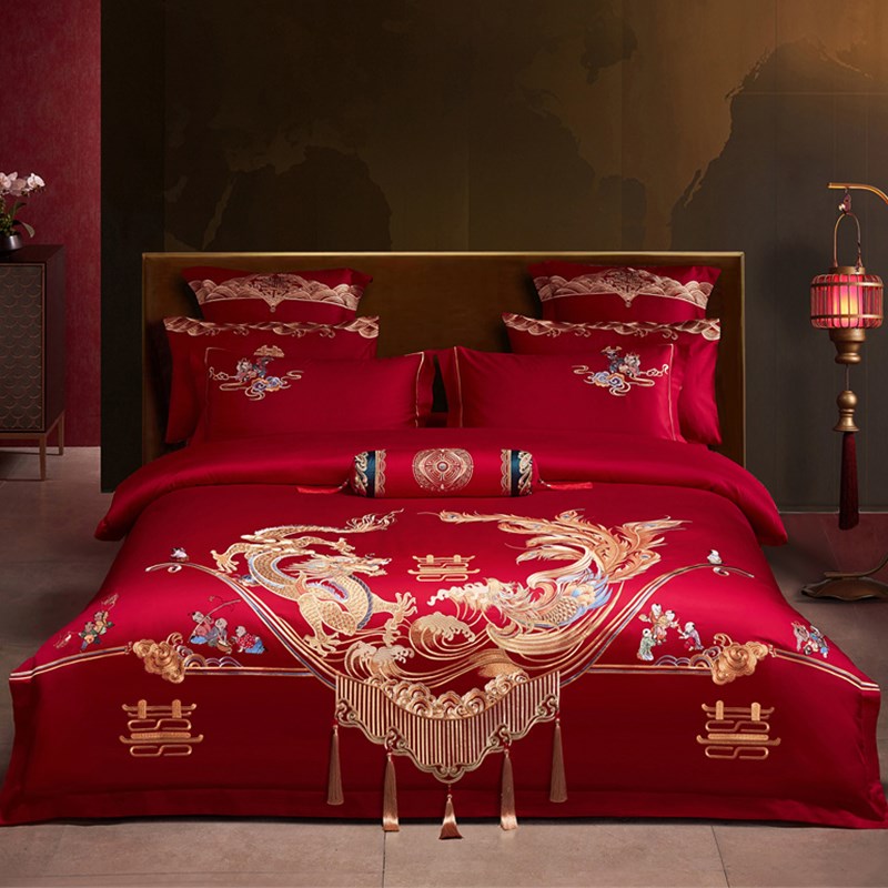 100全棉纯棉婚庆四件套结婚陪嫁床单被套刺绣婚房红色喜被六八十