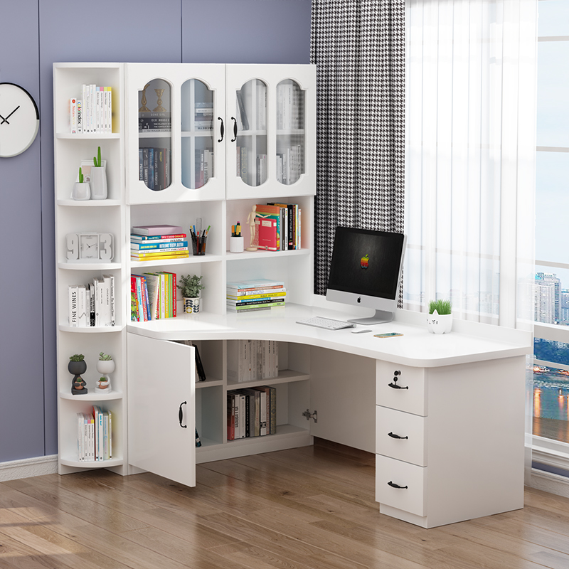 实木转角书桌书架书柜一体组合家用学生学习桌拐角现代台式电脑桌
