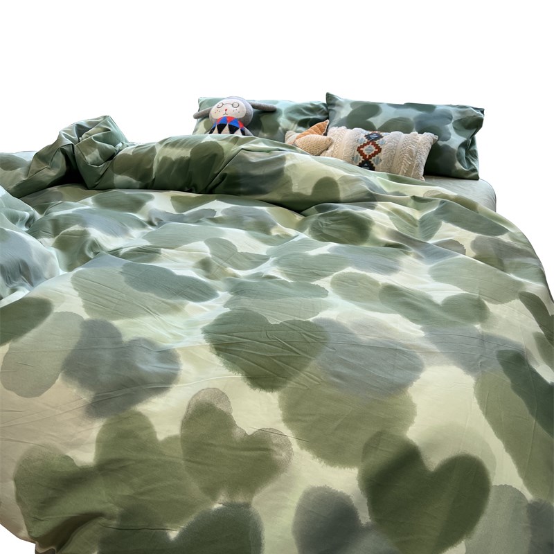 ins绿色爱心写意床上四件套全棉纯棉文艺1.5m1.8米被套床单三件套