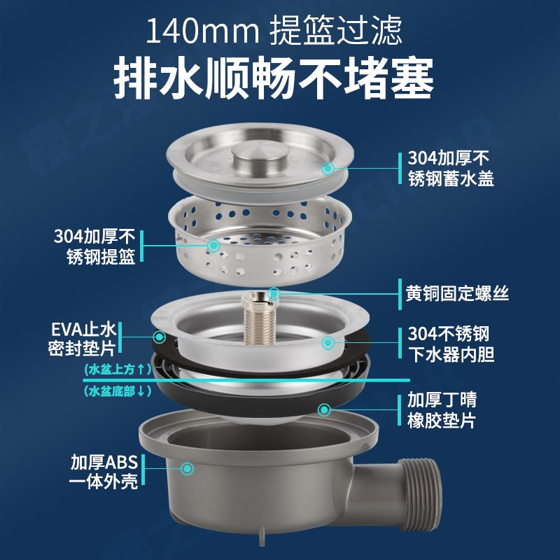 厨房下水管配件140下水器大口径防臭套装耐高温高位侧排水省空间