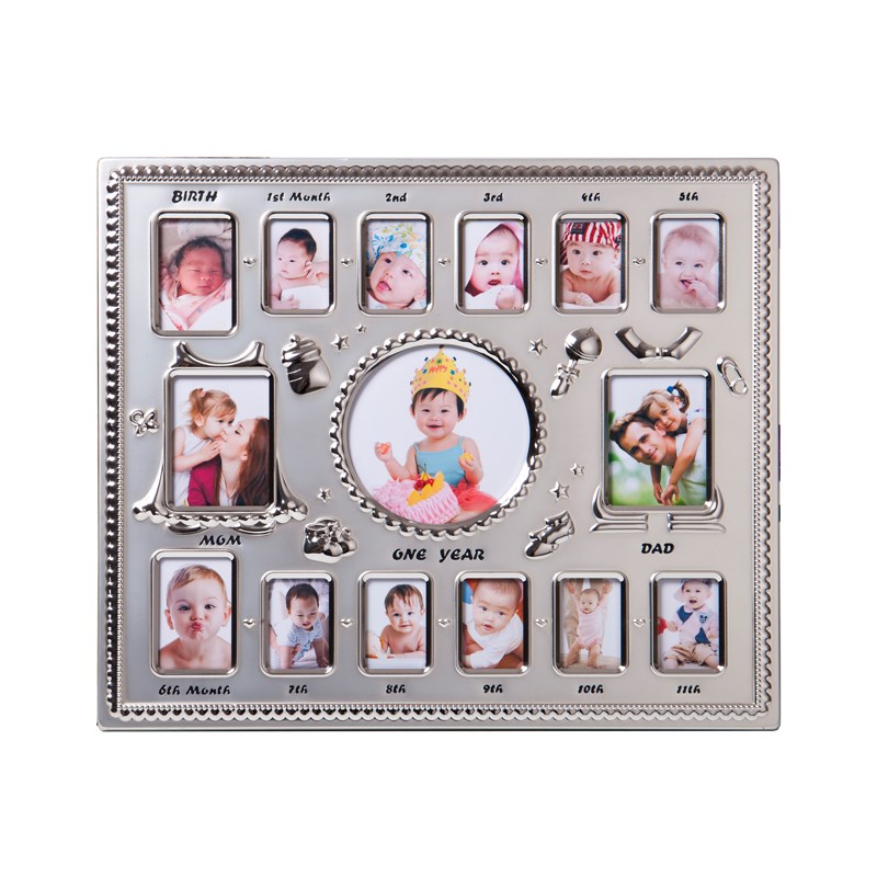 欧式宝宝周岁相框冲印照片金属长方形横版礼盒装蓝色粉色生日布置