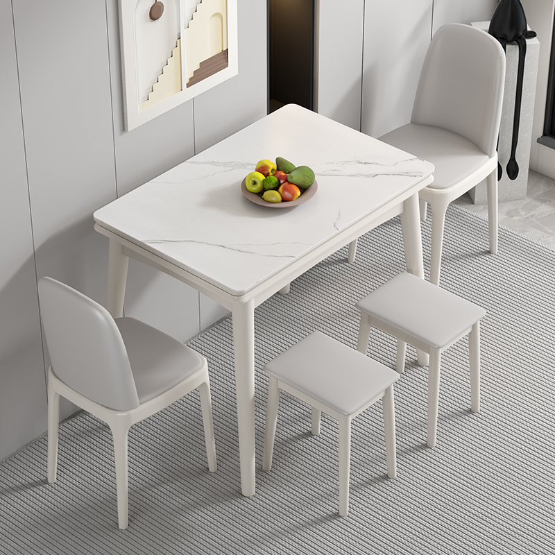 岩板餐桌小户型家用折叠伸缩奶油风实J木餐桌椅组合现代简约桌子