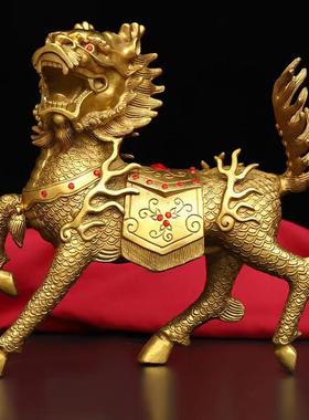 铜麒福麟摆件一对黄铜火麒麒麟招财客厅室办公家用福禄财HQV麟大