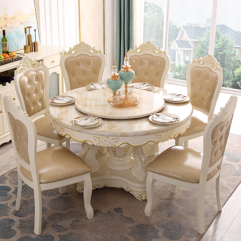 欧式餐桌椅组合大理石圆桌带转盘6人8人家用实木雕花豪.华圆形饭