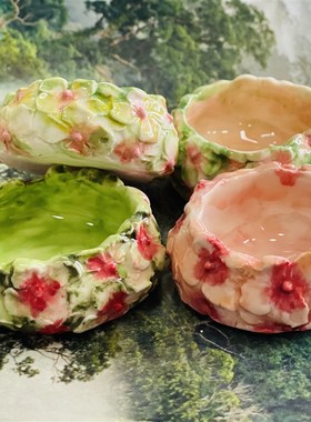 瓷蓓手捏造景摆台陶瓷高温釉下绣球花小碟收纳小花盆乔迁新居礼物