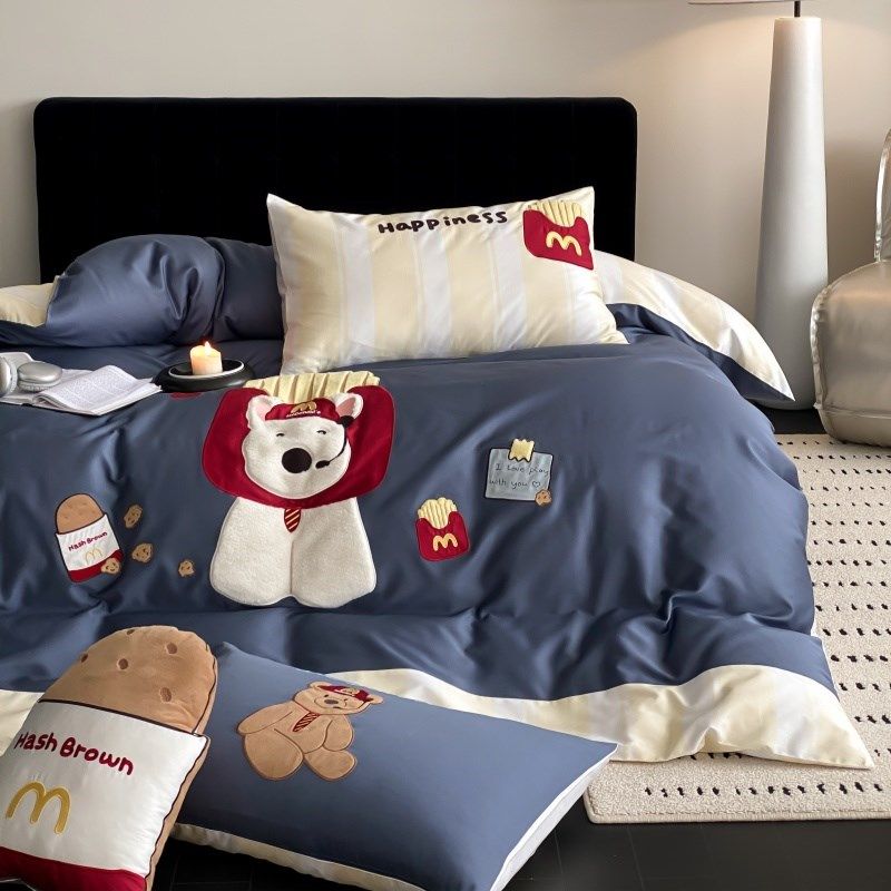 卡通动物儿童刺绣100S长绒棉四件套全棉纯棉可爱床单被套床上用品