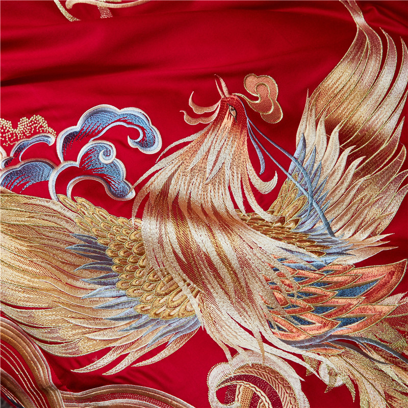 120支高端四件套婚庆大红色刺绣龙凤长绒棉结婚陪嫁全棉床上用品4