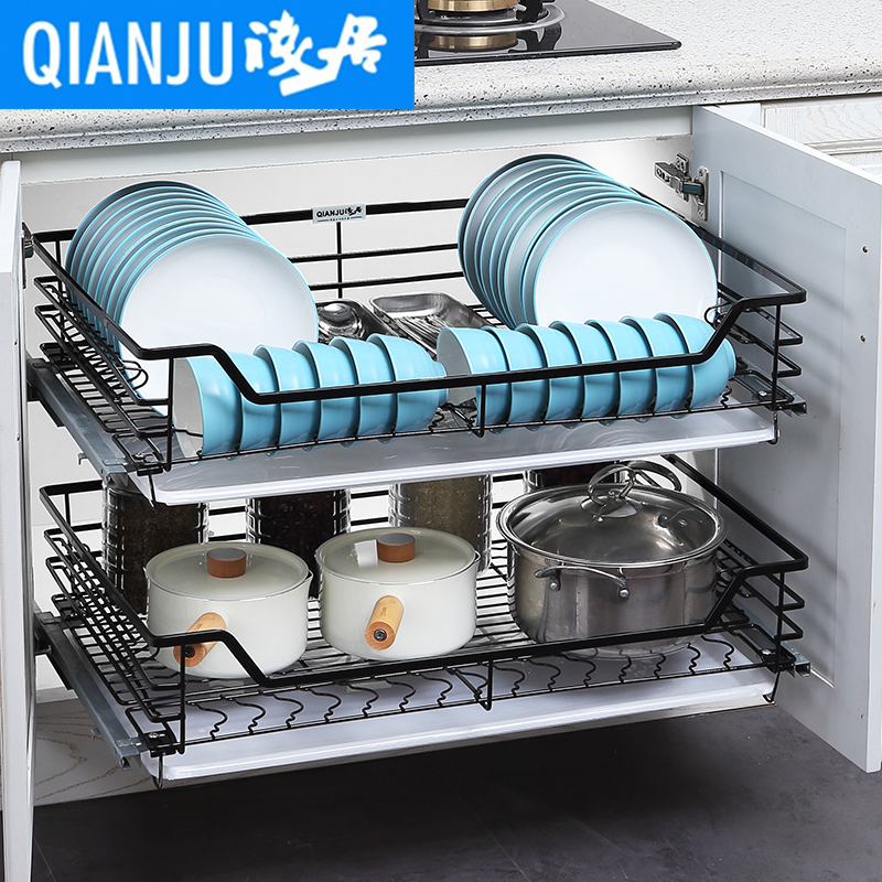 拉篮厨房橱柜304不锈钢双层抽屉式碗架调味篮厨柜内置收纳碗碟篮