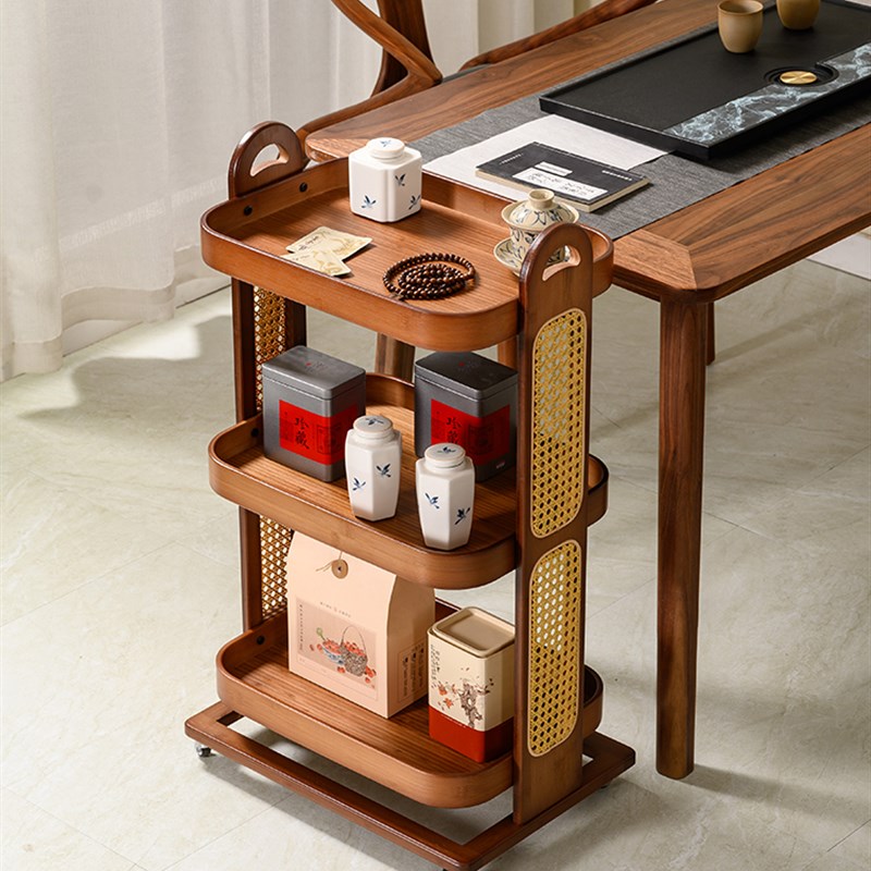 可移动边几客厅家用零食小推车沙发多层置物角几T茶桌边柜藤编茶