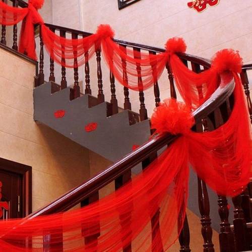 结婚手楼梯扶礼装F96MH7TM饰纱幔红色婚网纱红纱婚车农村婚房布置