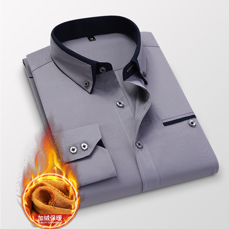 保暖白色衬衫男长袖秋冬季加绒加厚带绒村子大码胖子200斤衬衣土