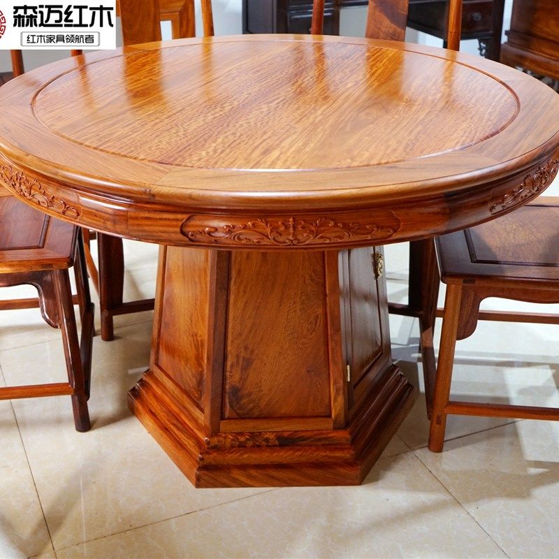 缅甸花梨红木餐桌加厚独板国色天香雕花实木圆桌古典榫卯中式饭桌,住宅家具,红木餐桌,淘宝优惠券,粉丝福利购,淘宝优惠卷
