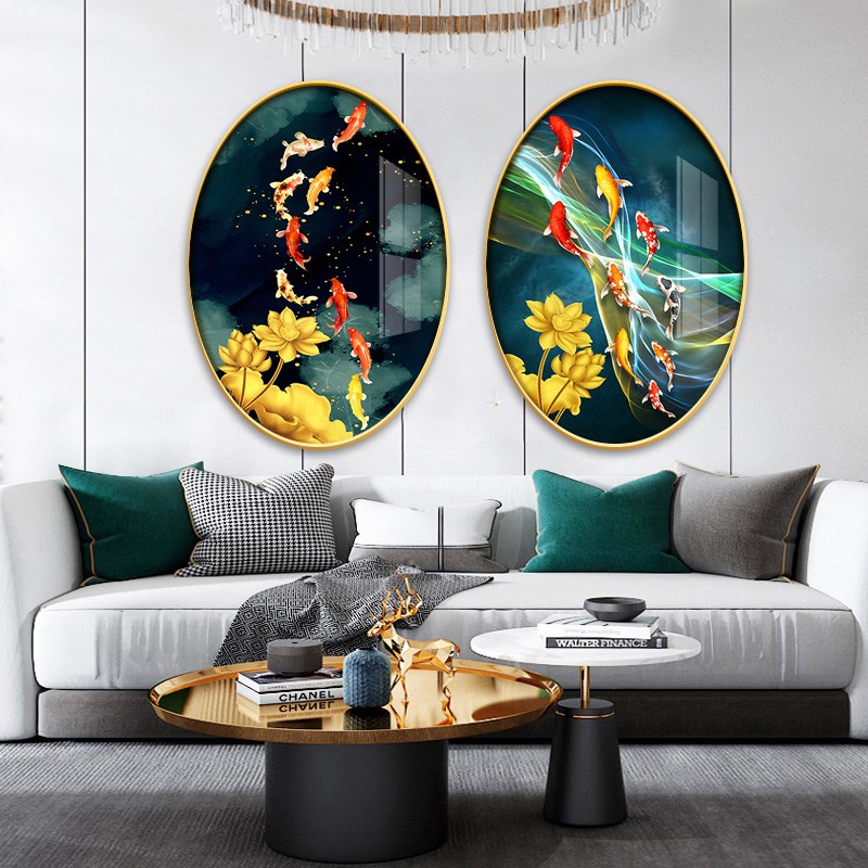 九鱼新中式餐厅装饰画椭圆形进门正对墙面玄关挂画客厅壁画图片