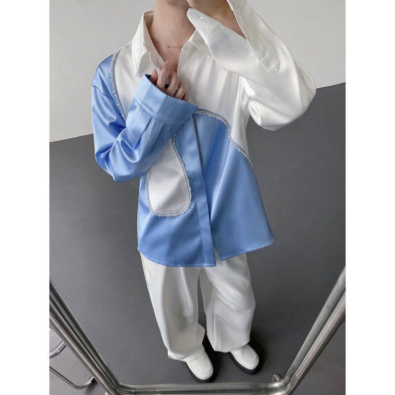 春夏利基串珠醋酸光泽丝绸垫肩对比色衬衫男人的缎面时尚设计衬衫