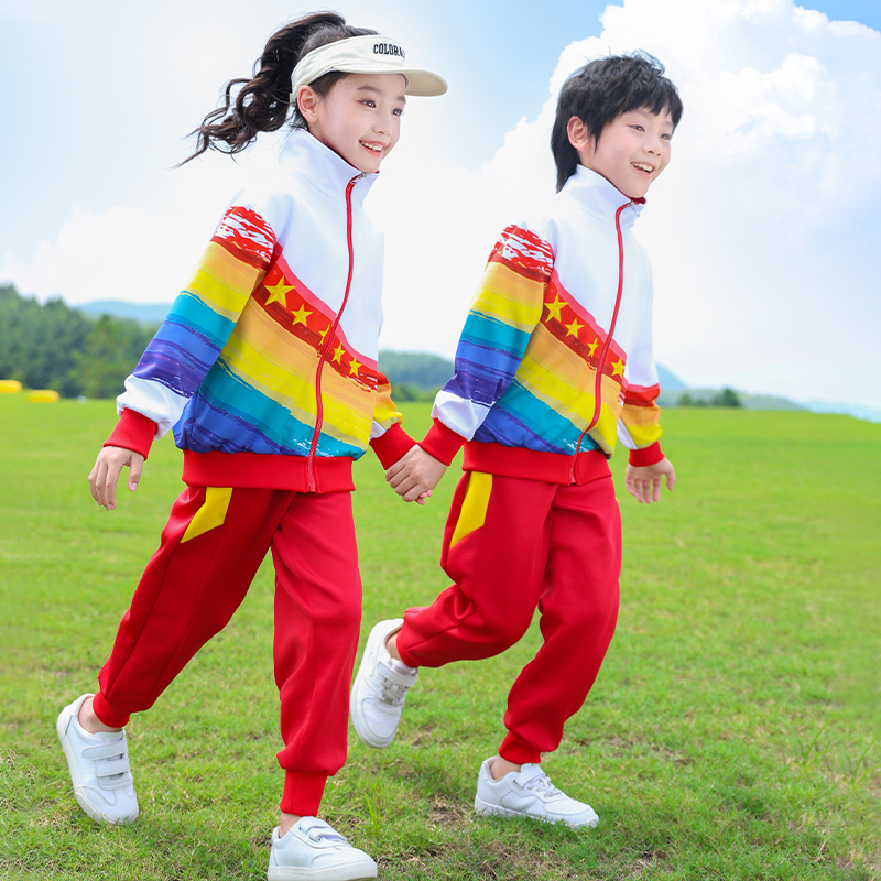 小学生班服春秋夏装三件套国风红色运动会套装儿童校服幼儿园园服