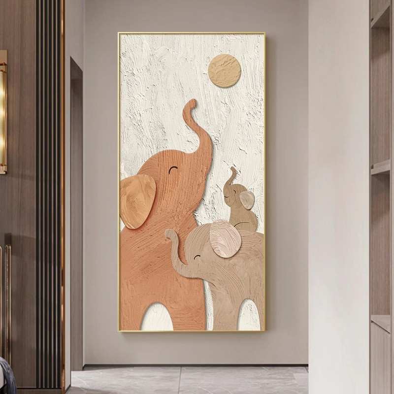 抽象玄关装饰画轻奢大象走廊玄关挂画入户正对门竖版过道壁画