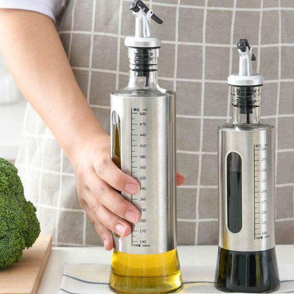 家用201不锈钢玻璃防漏油瓶油壶厨房可视化单手带刻度醋瓶酱油瓶
