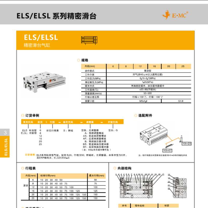 E.MC亿太诺ELSL精密滑台气缸ELS6 ELS8X10X20X30X40X50X75-S-B-AS