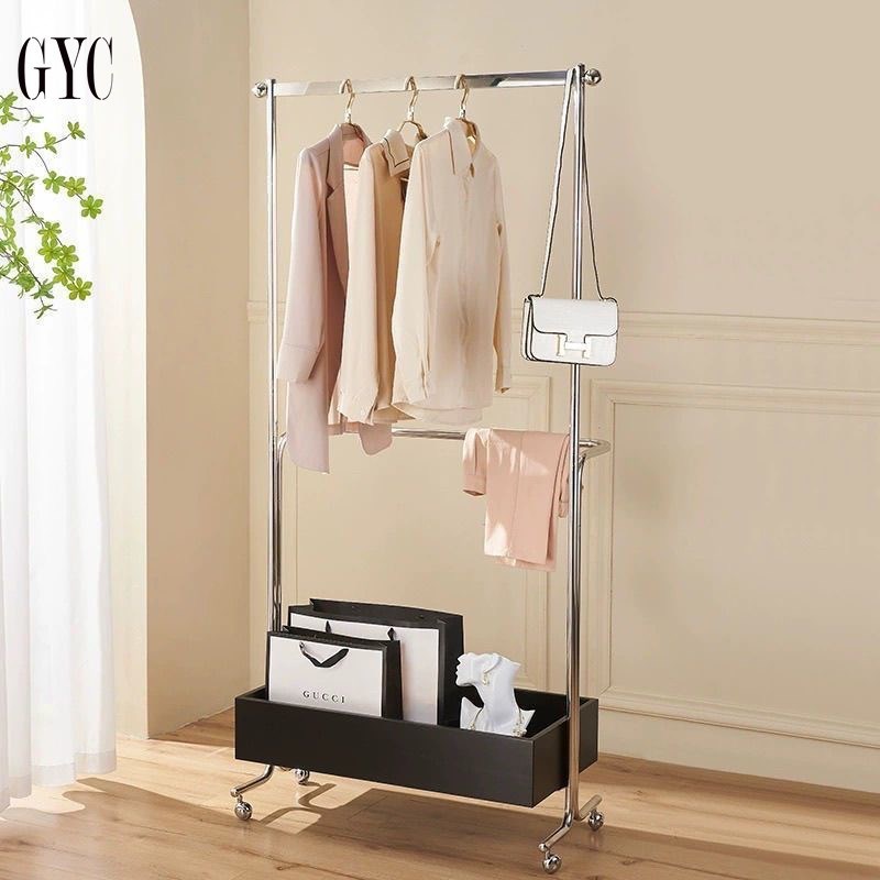 GYC中古风不h锈钢落地衣帽架小户型卧室可移动挂衣架简约收纳架g&