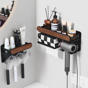 高颜值免打孔纸巾吹风机置物架化妆室梳子牙刷一体吹风机支架
