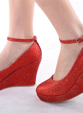 高跟婚鞋浅口单鞋坡跟厚底松y糕鞋小码女鞋时尚秋鞋红色新娘鞋