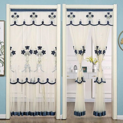 夏季蕾丝防蚊虫半遮光纱门帘卧室客厅刺绣双开隔断帘装饰布艺新款