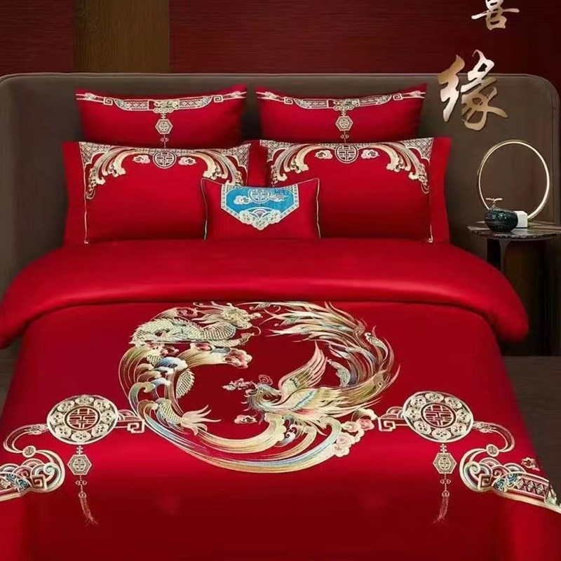 龙凤大红色婚庆四件组全棉被罩婚庆四件组床上婚房公主风