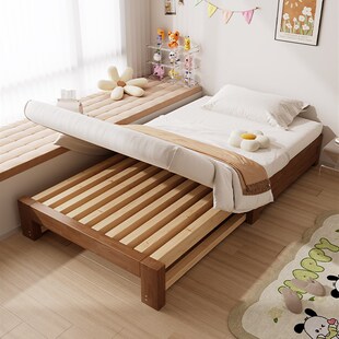 全实木抽拉伸缩床边加宽拼接床客厅小户型大人可睡男孩女孩单人床