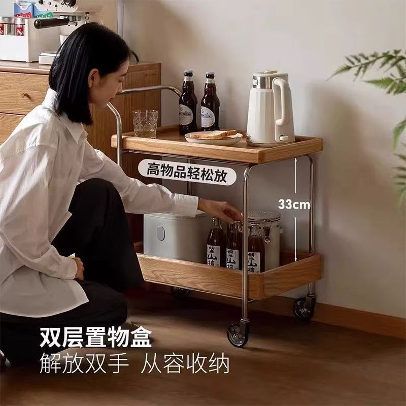 中古实木边几可移动沙发小边几桌子边柜小推车床头带轮双层置物架