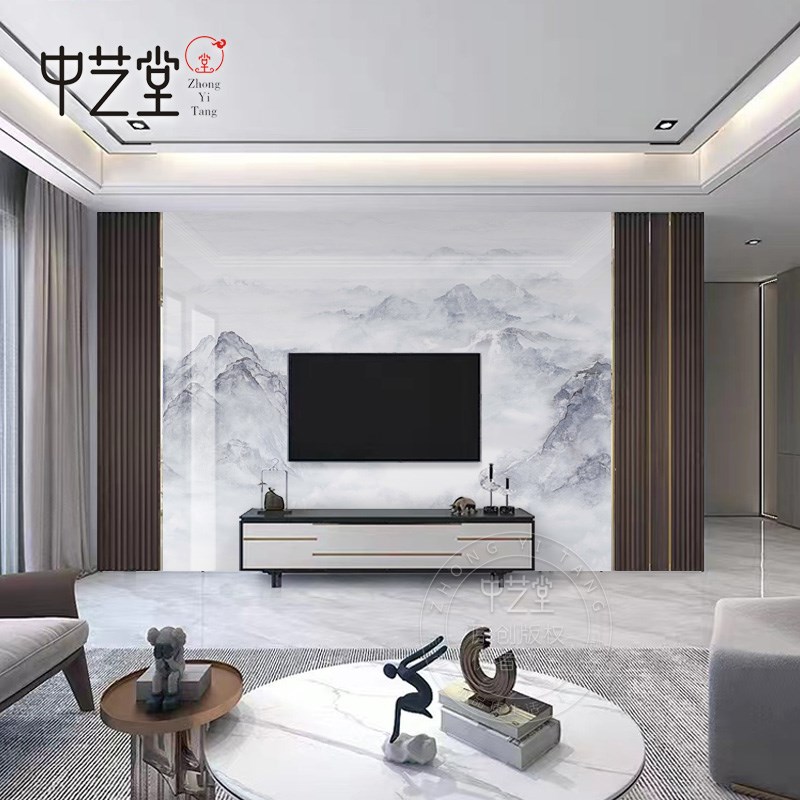 网红岩板电视背景墙客厅大理石现代简约新中式水墨山沙发瓷砖大板