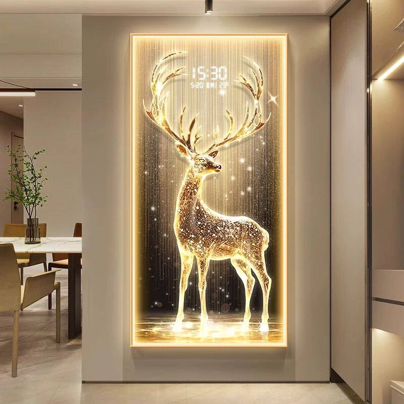 轻奢麋鹿玄关装饰画夜光屏电子钟表挂画客厅走廊过道壁画发光壁灯