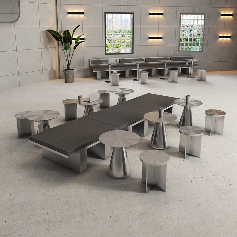 网红工业风不锈钢卡座沙发奶茶店咖啡厅靠墙O桌椅无靠背长条凳定