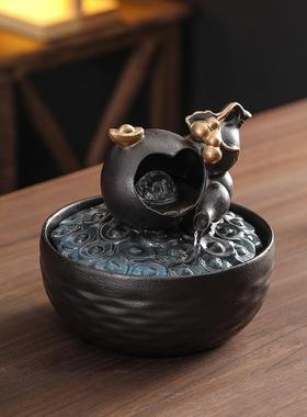 陶瓷八方来流摆件循环水办桌茶台财招财开OAU公业水装饰品中式流
