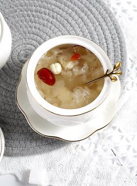 V5O燕金边陶莲花炖盅双耳4碗带盖甜品MCS碗蒸蛋煲汤罐瓷家用糖水