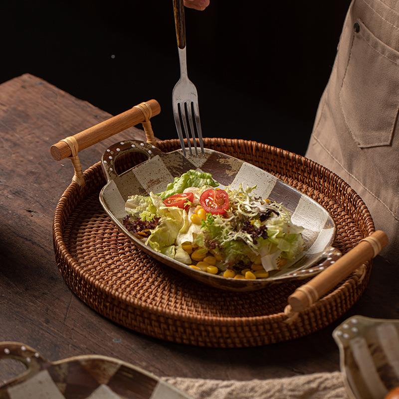 莳绘缮几何陶瓷盘BTZ子金菜盘用双耳盘别汤盘方形圆盘特好家看的