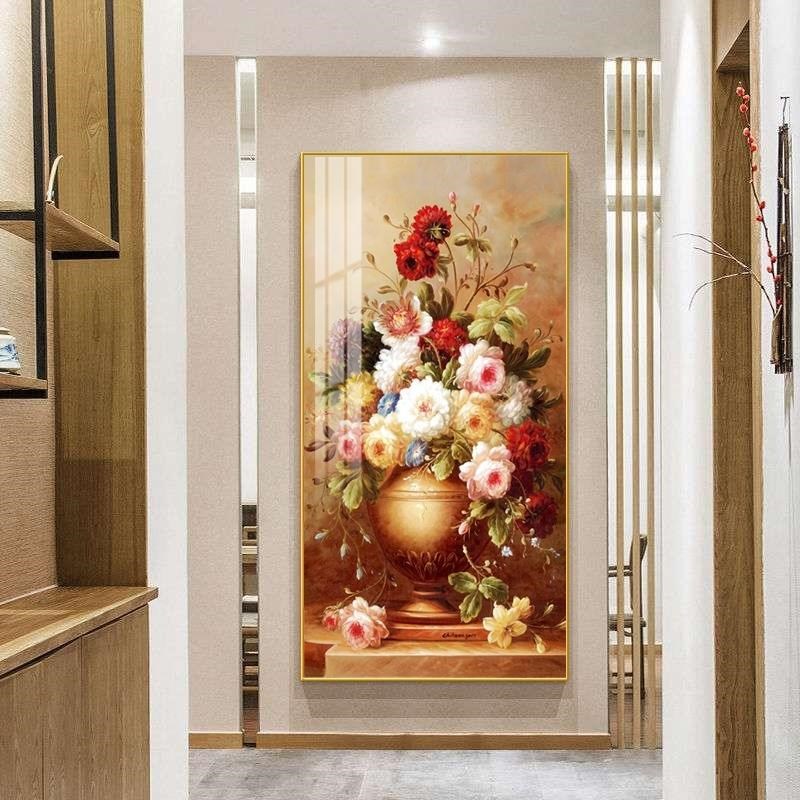 牡丹花入户玄关装饰画竖版新中式走廊过道挂画花开富贵客厅壁画图片