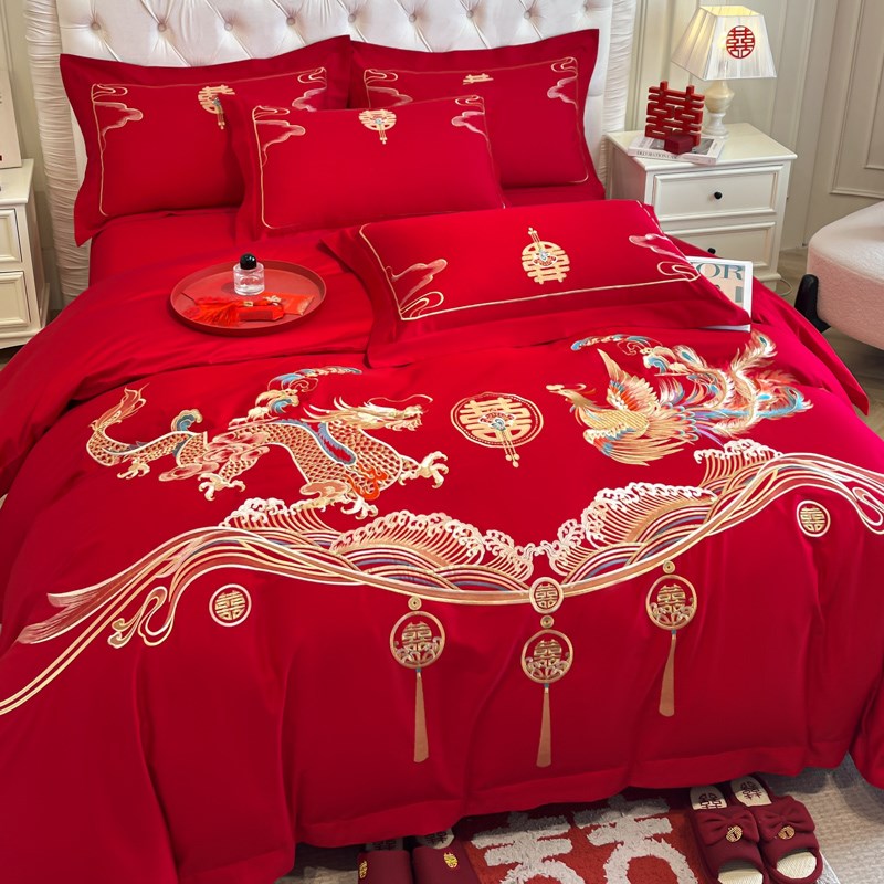 高档结婚四件套红色龙凤刺绣被套新婚房备婚喜被婚庆床上用品陪嫁