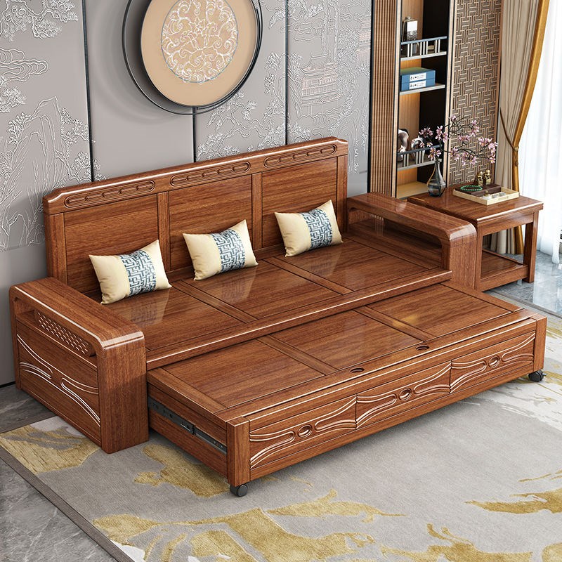 胡桃木实木沙发床客厅家用小户型可推拉沙发新中式原木储物沙发床