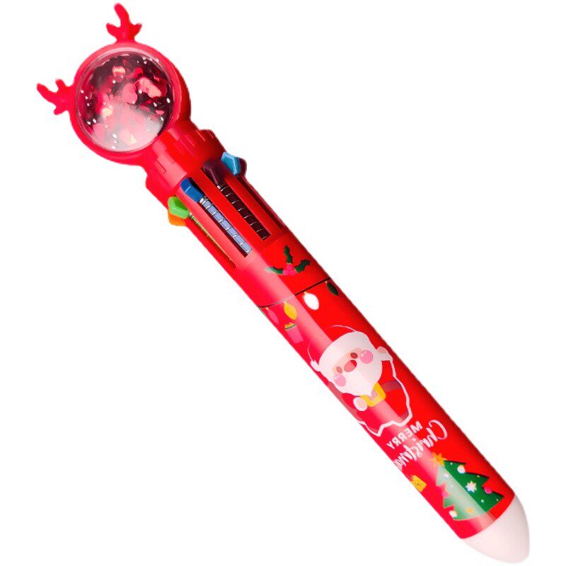 圣诞亮片10色圆珠笔学生礼品奖品按压式彩M色笔十色圣诞老人按动