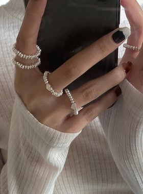 串珠戒指素银小爱心弹力绳闭口戒子女 简约百搭韩版指环新款