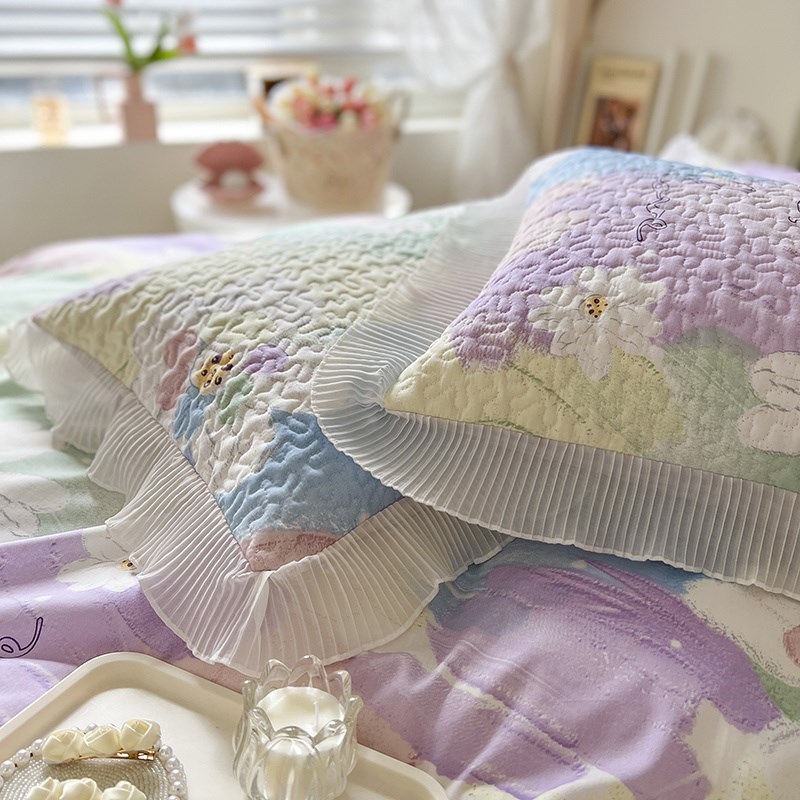 韩版床盖80支纯棉三四件套公主风全棉床单被套四季榻榻米夹棉绗缝