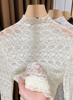 杏色木耳边蕾丝内搭o小衫女薄款秋冬洋气半高领网纱打底衫内衬纱